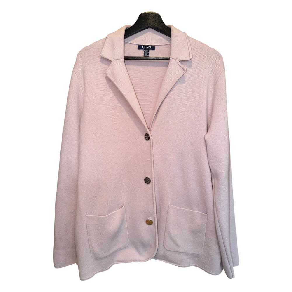 Chaps Women XL Pink Knit Blazer Button Front Pockets Cotton Blend Preppy Classic